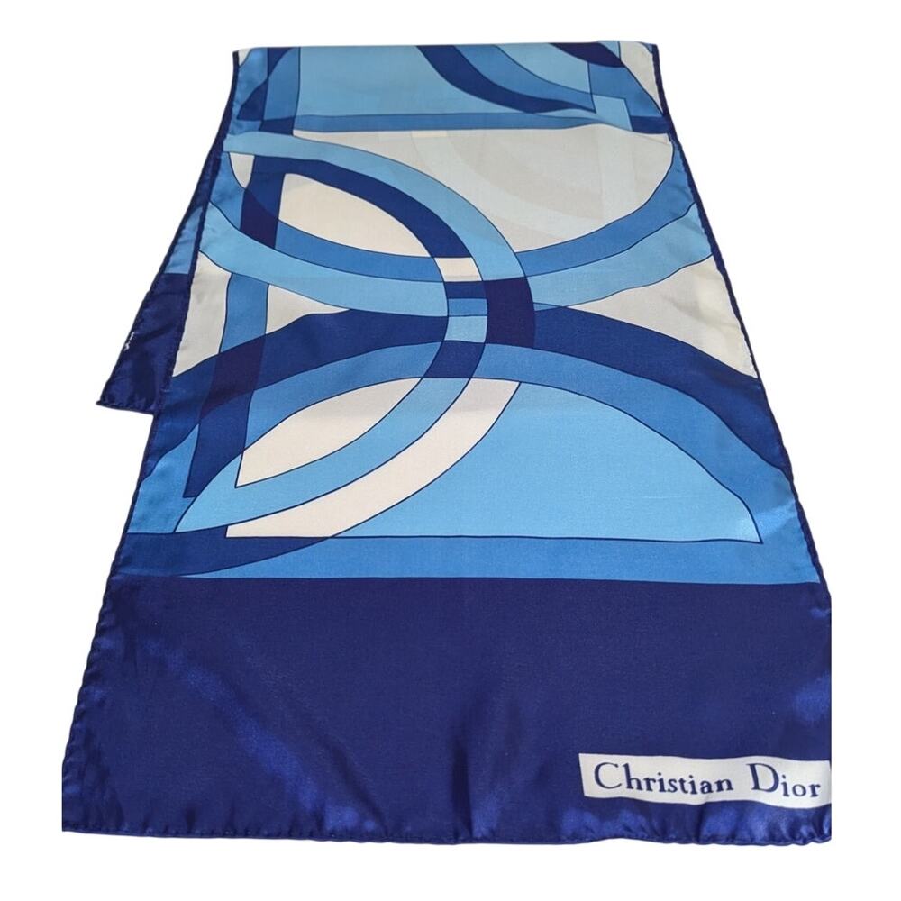 Christian Dior Mod Geometric Scarf Blue & Cream  44" Oblong 70"s 80'sGUC